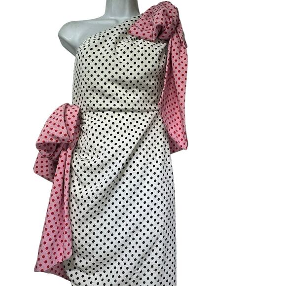 Marianna Senchina One Shoulder Polka Dot Dress XS White Pink Bow Asymmetrical - Picture 3 of 8